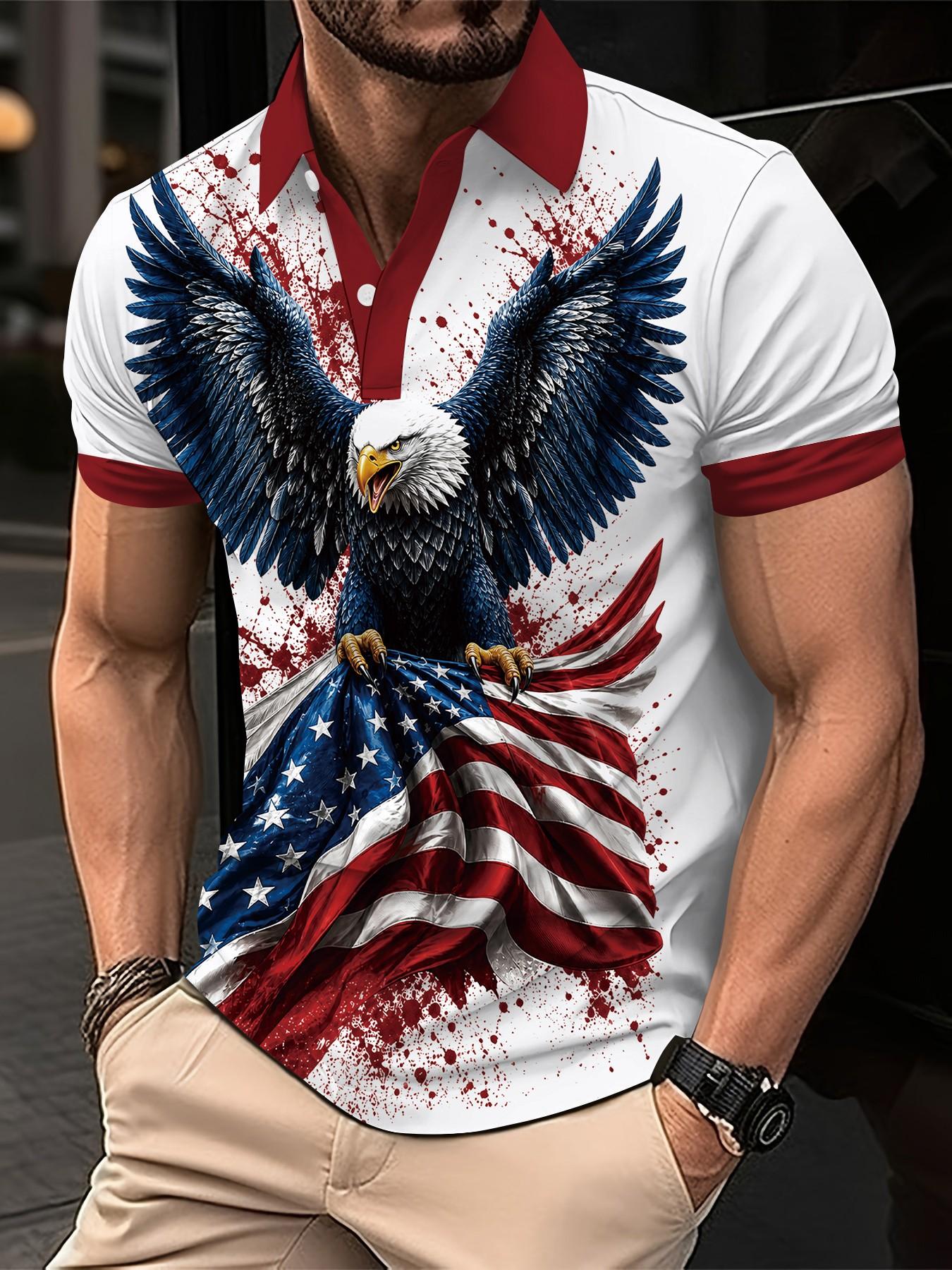 bald eagle and star-spangled banner printed, Graphic Polo Shirts, Loose Polo shirt, celebrating the 250th anniversary of the founding of America, 3D digital printed Polo top, sports men's Polo shirt, suitable for daily wear and an ideal festive gift