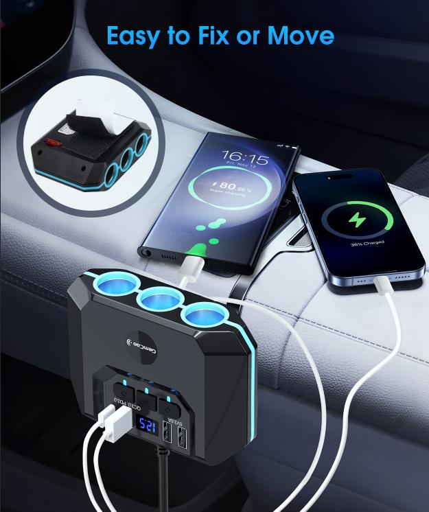 QC3.0 and PD Car Cigarette Lighter Adapter Splitter easy fix, 120W, 3 Sockets+4 USB include 2 Quick Charge Ports, LED Voltmeter, Independent Switches, 30in Cable, Easy Fix and Move, Suitable for 12V-24V Vehicles.