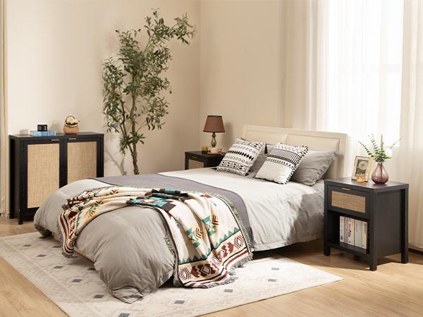 SICOTAS Classic Rattan Nightstands - Unique Farmhouse Style Bedside Table with Drawer and Open Shelf, Durable Engineered Wood Construction, Versatile Side Table for Living Room and Bedroom, Easy to Assemble, Modern Home Decor