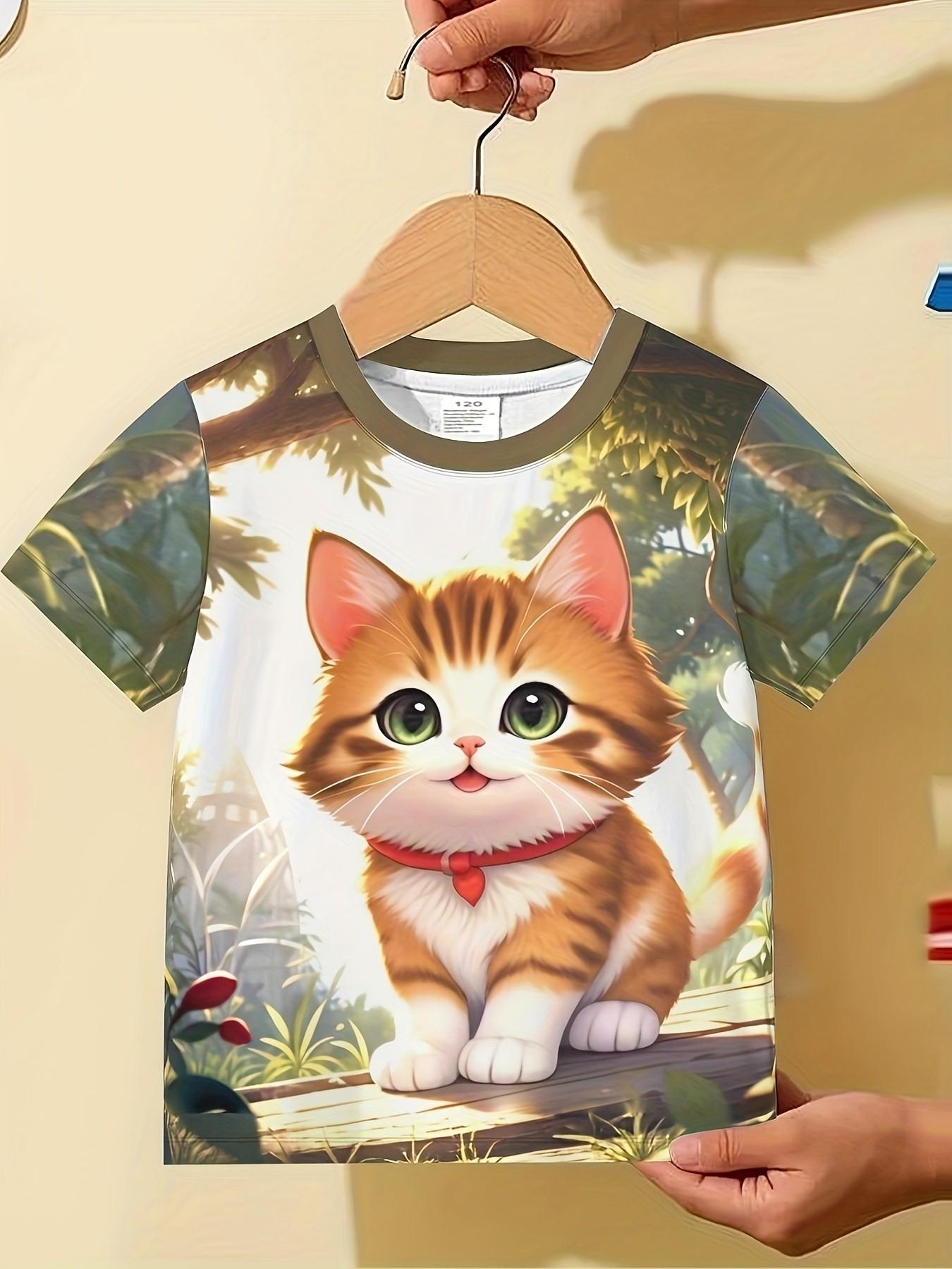 3D Cat Print Short Sleeve T-Shirt, Round Neck Cartoon Pattern Top, Summer Kids Fashion, Casual Loose-Fitting Tee