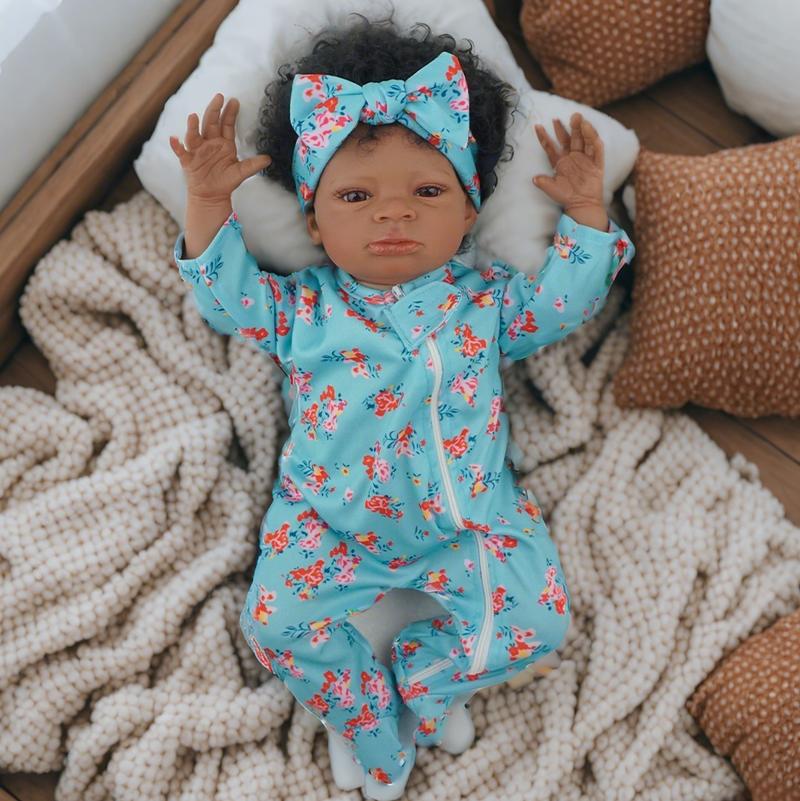 Reborn African American Reborn Dolls 20 Inch 50 cm Black Reborn Baby Dolls Newborn Baby, Lighter Brown Skin Vinyl Reborn Toddler Dolls with Cloth Body Curly Hair Gift for Age3+