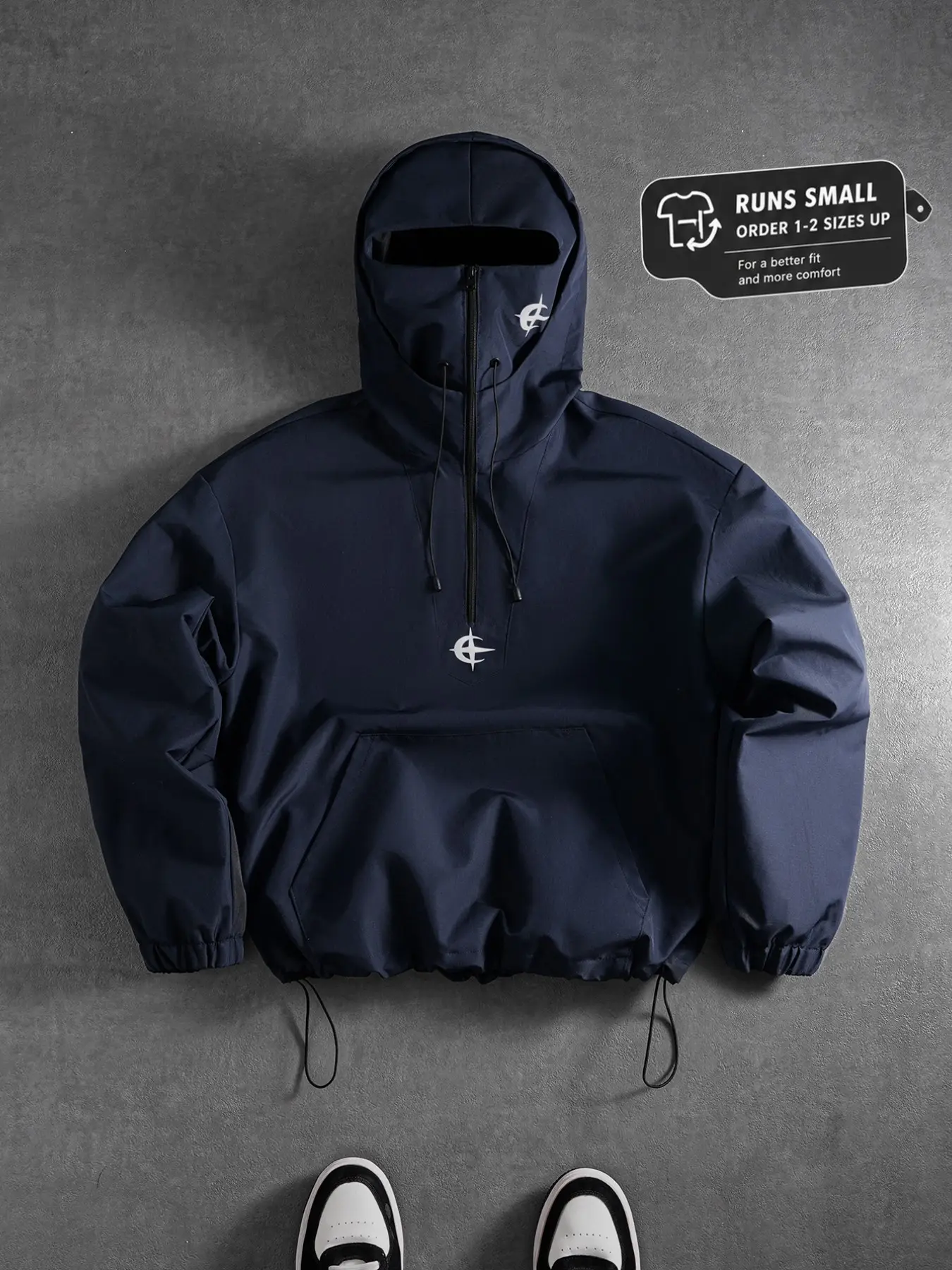 Men's Outdoor Windproof Half-Zip Hooded Jacket with Face Mask Design, Wrinkle-Resistant Polyester Fabric, Graphic Logo Print, Loose Fit, All-Season Casual Outerwear