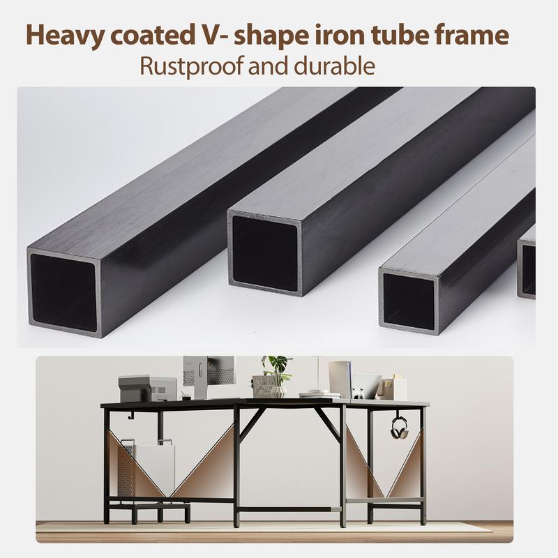 66.93 Inch L Shaped Desk for Home Office, Computer Desk, Corner Desk for Workstations, Gaming Table with Computer Tower Shelf and Hooks,Black