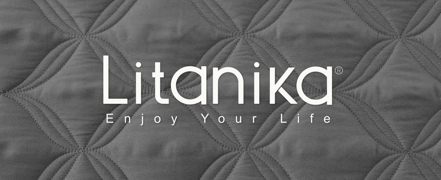 Litanika 3-Piece Bedspread Set - Lightweight Quilt Coverlet w/ Pillowcases | All Season (Dark Grey/Beige/Grayish Blue)