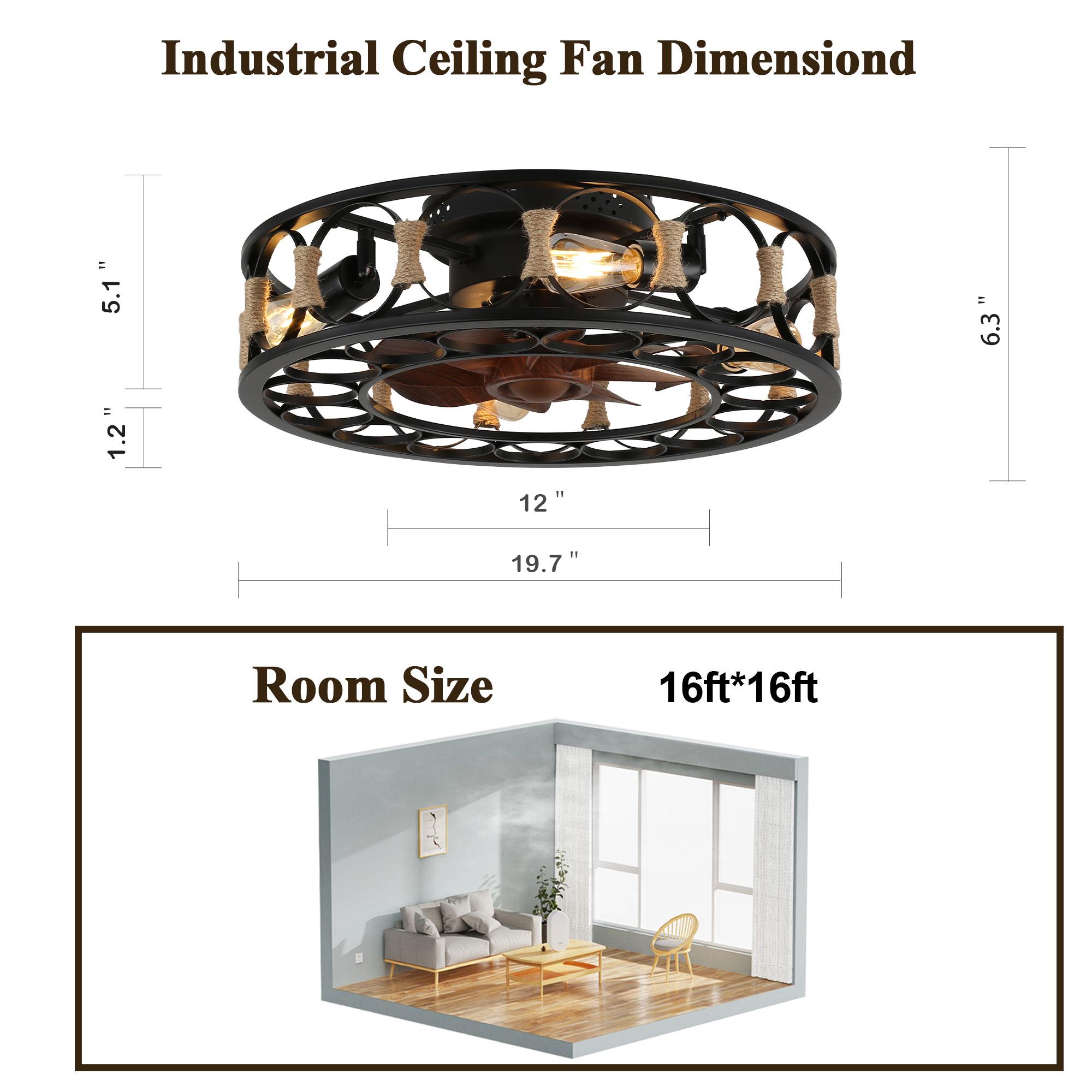19.7" Farmhouse Hemp Rope Low Profile Caged Ceiling Fan with Remote and 4 Lights, All Seasons Ceiling Fan