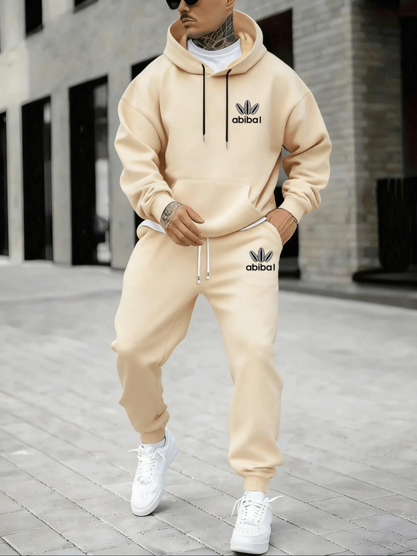 Hypemode Plus Size Set, Letter Print Geometric Long Sleeve Hoodie & Jogger Pants, Casual Style, Comfortable Fit, Cozy Set, Daily Wear, Fall & Winter Fashion