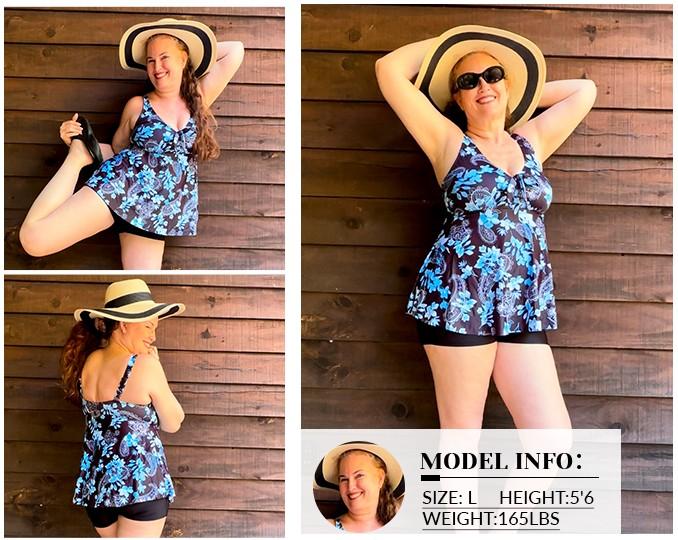 Yonique Women's Plus Size Two Piece Flyaway Tankini Set, V-Neck Full Coverage Tank top with Boy Shorts, Ladies Two Piece Plus Size Tankini Swimwear for Beach Swimming Holiday Vacation