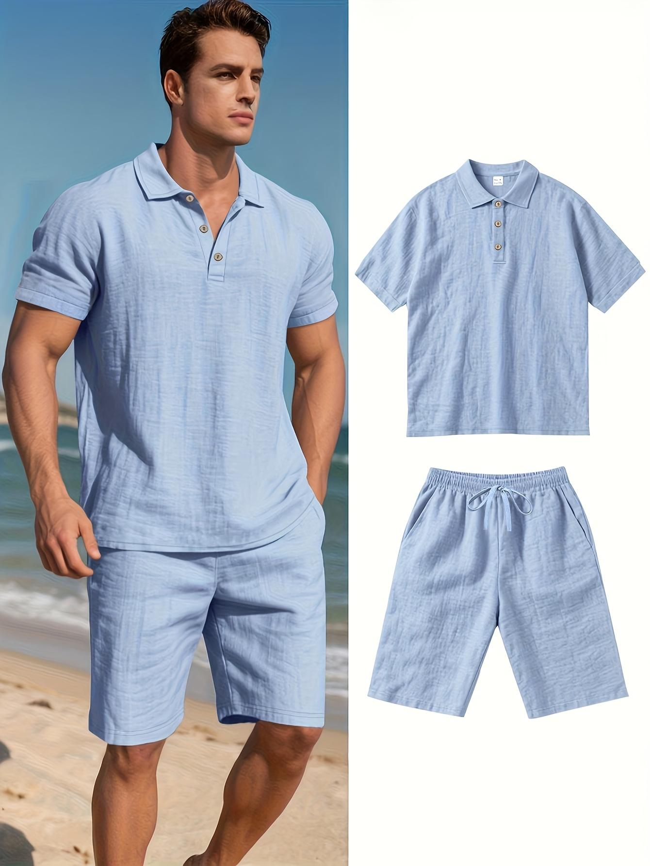 Men's 2-Piece Classic Linen Fabric Polo Shirt & Shorts Set, Short-Sleeve Quick-Dry Breathable Casual Outdoor Evening Clothes, Plain Menswear Outfit