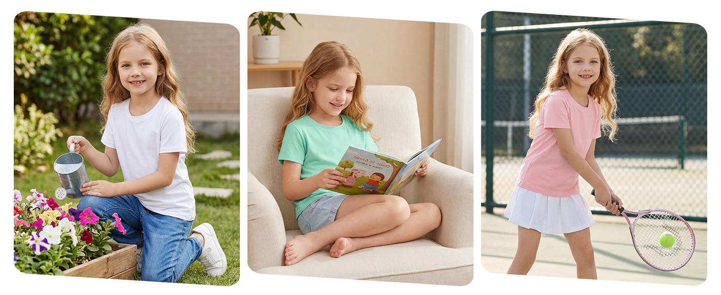 Girls Short Sleeve T-Shirts, Crewneck Solid Casual Tops for Kids, Summer Tees Ages 5-14