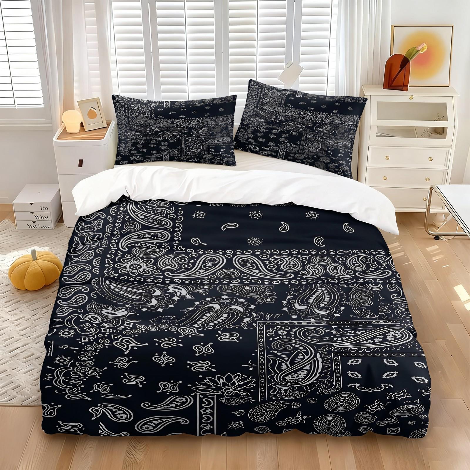 3PCS Navy Blue Bandana Paisley Duvet Cover Set (1 Duvet Cover + 1-2 Pillowcases), Classic White Border Paisley Print, Skin-Friendly Soft Comfy All Seasons Summer Bedding Set, Perfect for Streetwear Bedroom & Hip Hop Style Lovers