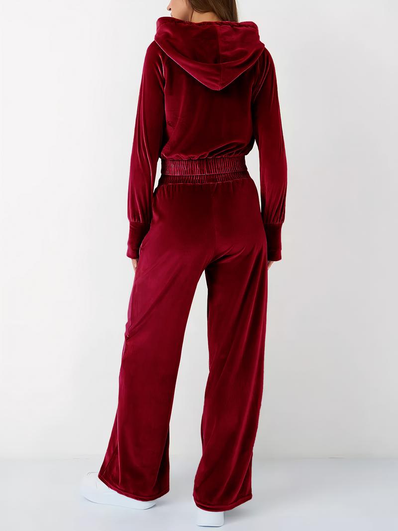 Women's Velvet Long Pants Set, Zip-Up Hoodie + Loose Fit Pants, Perfect for Sports Casual Home Wear, Autumn Winter