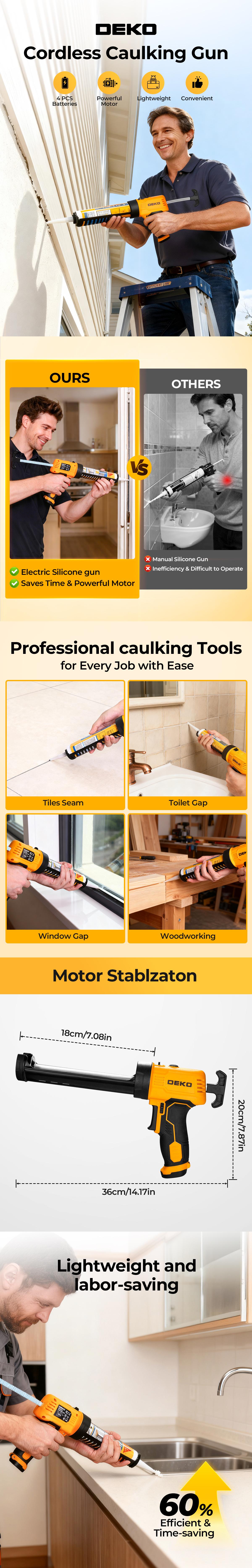DEKO Cordless 6V Caulking Gun With 4pcs 1.5V AA Batteries, 70mm/min Dispensing Speed, 250KGS Working Pressure, Multifunctional Electric Sealant Gun For Construction, Decoration, Appliances, Auto Parts, Windows, Bathroom And Kitchen Sealing