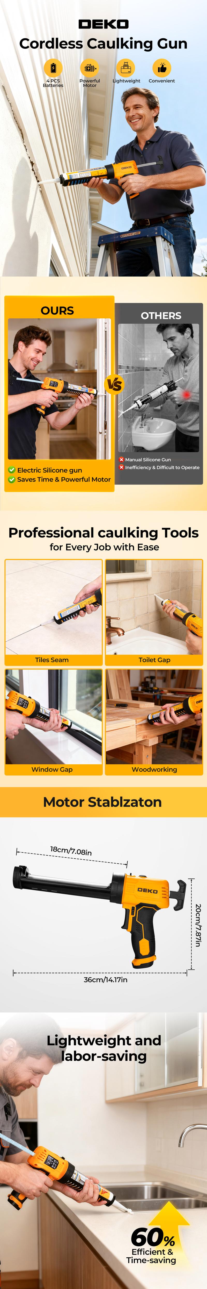 DEKO Cordless 6V Caulking Gun With 4pcs 1.5V AA Batteries, 70mm/min Dispensing Speed, 250KGS Working Pressure, Multifunctional Electric Sealant Gun For Construction, Decoration, Appliances, Auto Parts, Windows, Bathroom And Kitchen Sealing