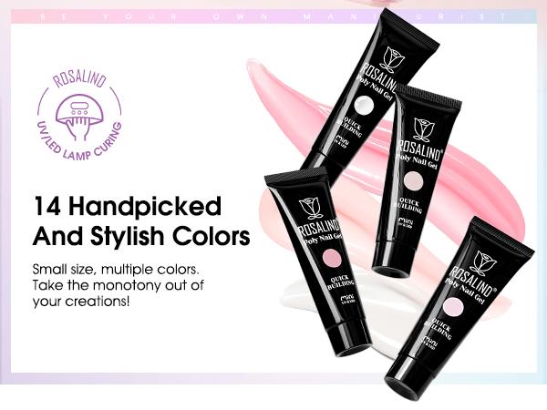 ROSALIND 14Colors Poly Nail Gel Kit with Mini 8LED UV Nail Lamp Drying Nail Art Accessories kit,Clear Pink Glitter Gel Manicure Builder Nail Strengthener Gel for Starter Cutics Extension Nail Gel Drying