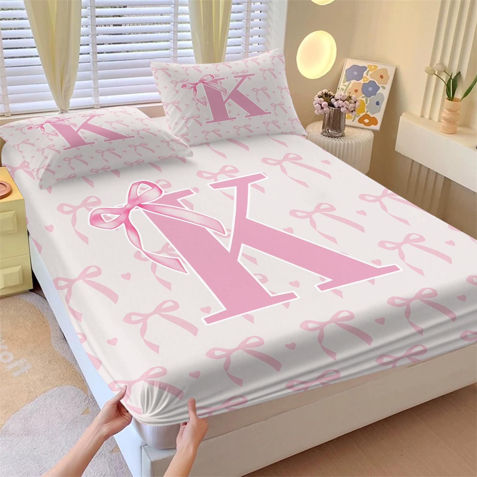 3Pcs Pink Bow Fitted Sheet Set, Custom Initial Sweet Print, Breathable Non-slip Fit, Ideal for Bedroom Dorm Home Decor