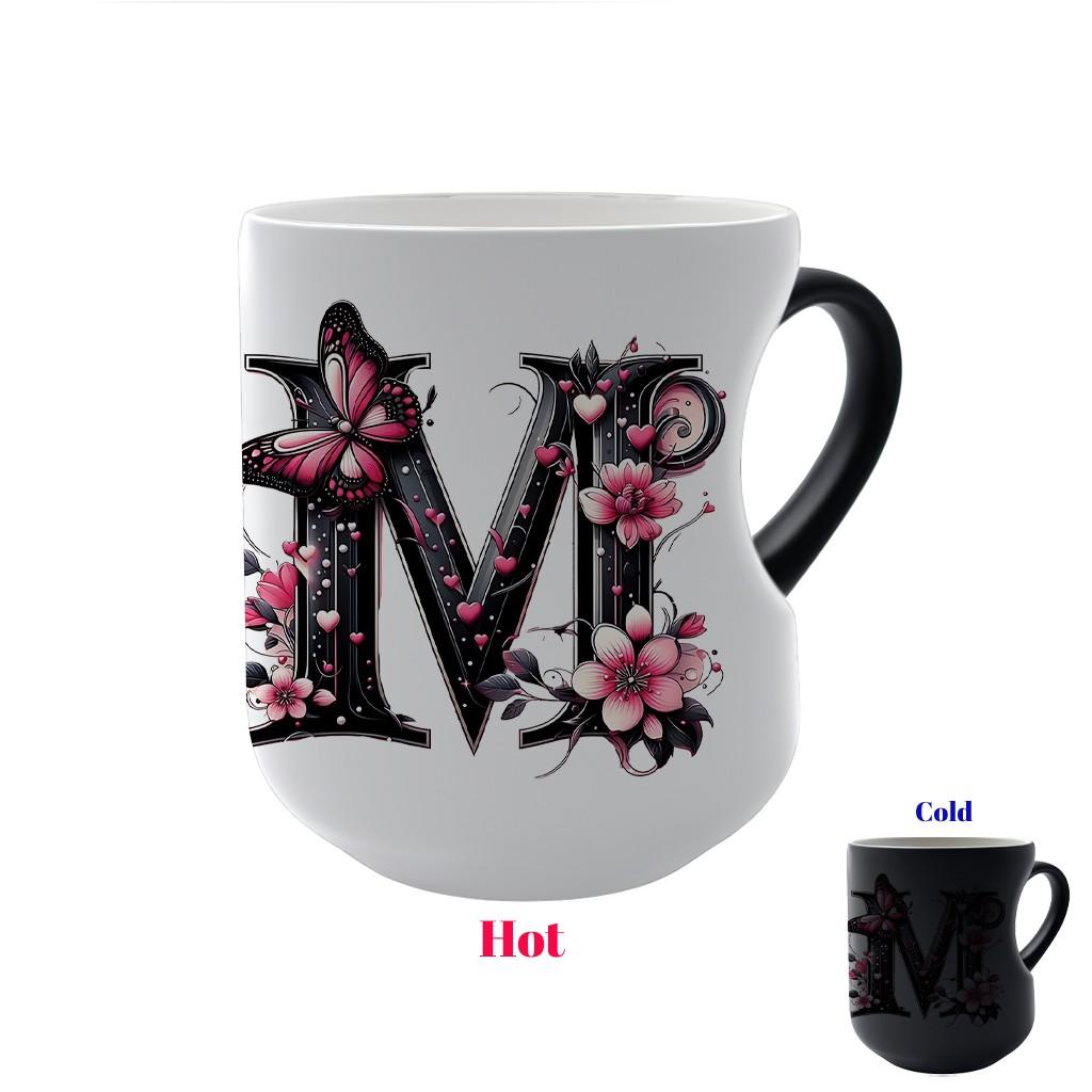 Butterfly Initials Heat-Sensitive Magic Mug, Ceramic Coffee Mug with Color-Changing Heart Design, Personalized Ceramic Cup Gift for Valentine's Day and Mother's Day