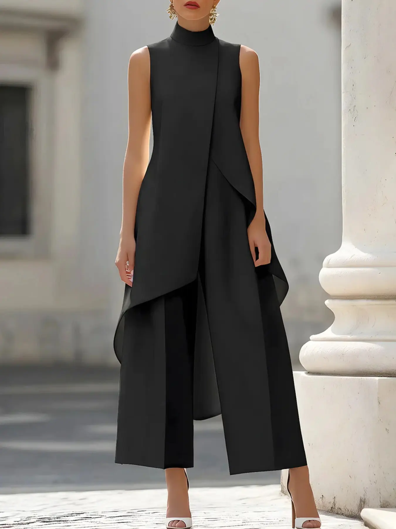 2026 European and American Fashion Autumn New Commuter Slimming Irregular Design High Neck Sleeveless Zipper Set Top and Wide Leg Pants Two Piece Set