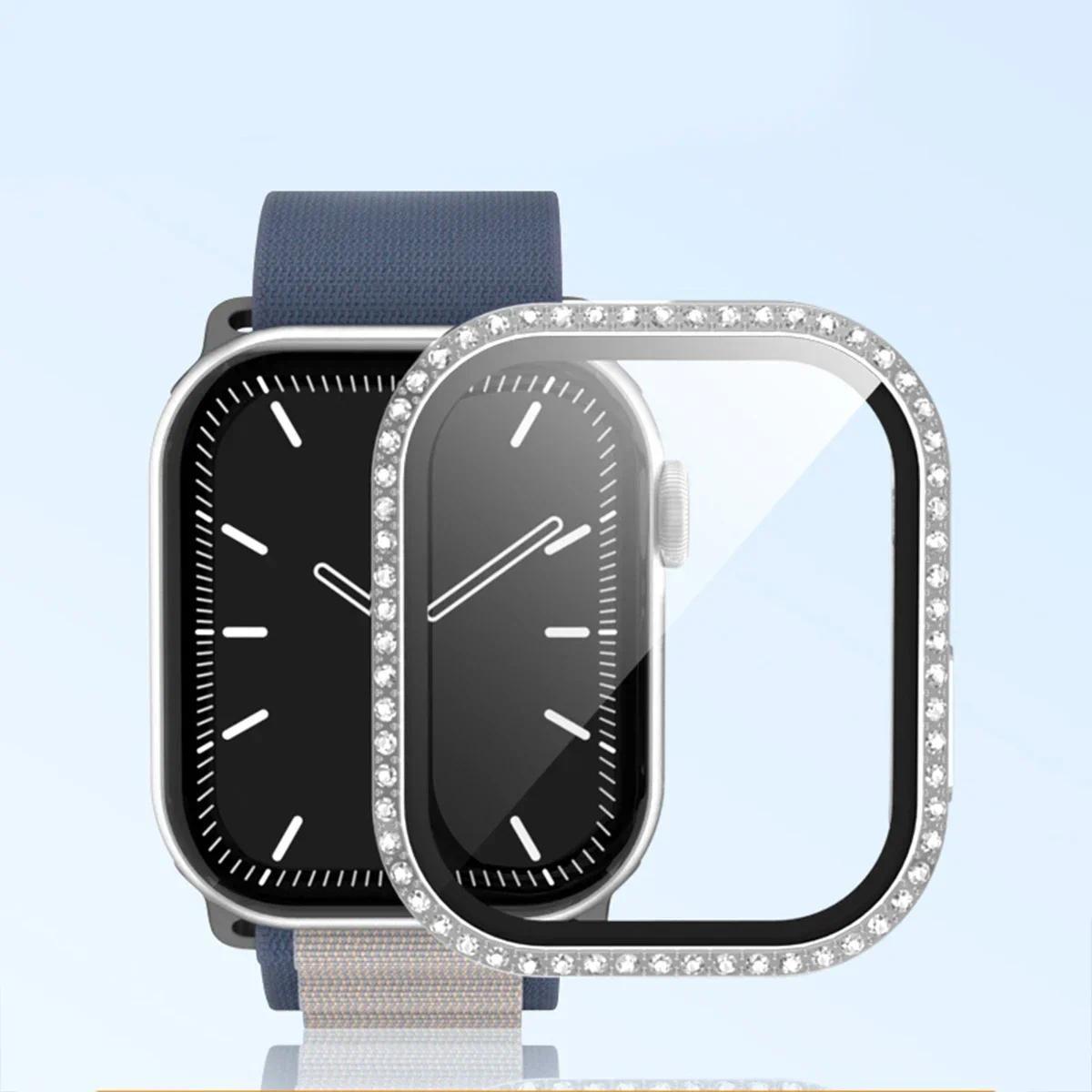 Bling Glass+Cover For Apple Watch 11 10 42mm 46mm Diamond Hard PC bumper+Screen Protector Case iwatch series 11 10 Accessories