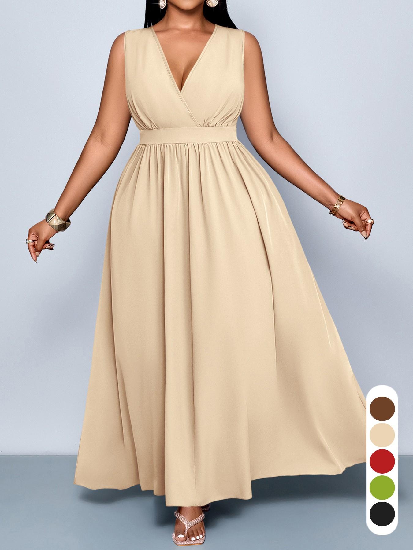 Plus Size Women's Elegant Sexy Casual Sleeveless High Waist A-Line Dress, Spring Summer Plain Color Plus Size V Neck Fitted Dress Womenswear