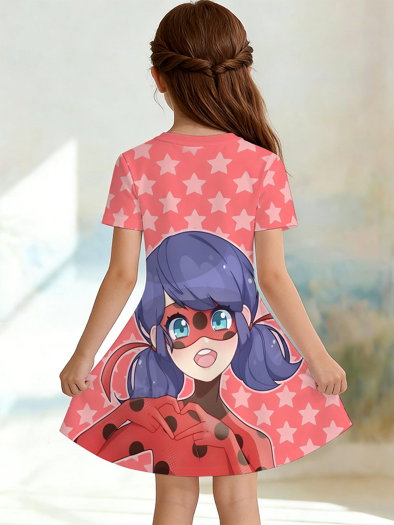 Girls' 3D Short Sleeve Dress, Miraculous Girl Ladybug Heart Print, Perfect for Parties, Festive Gifts, Birthday Presents