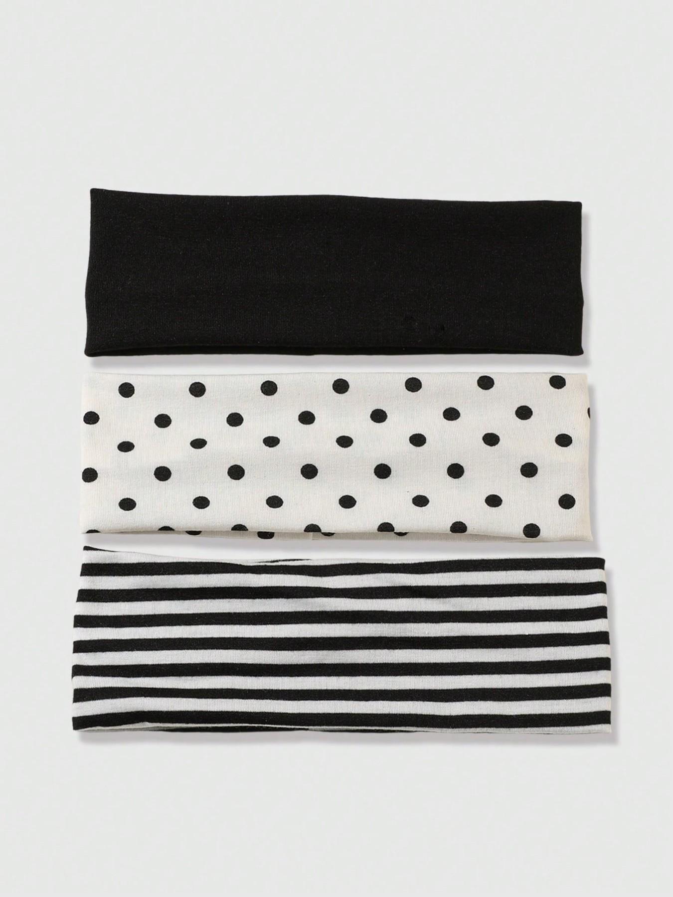3pcs-Black-White-Polka-Dot-Striped-Elastic-Sweatband-Suitable-For-Daily-Life-Yoga-Fitness-Travel-Women-Hair-Accessories-Elastic Headbands-Headband Set