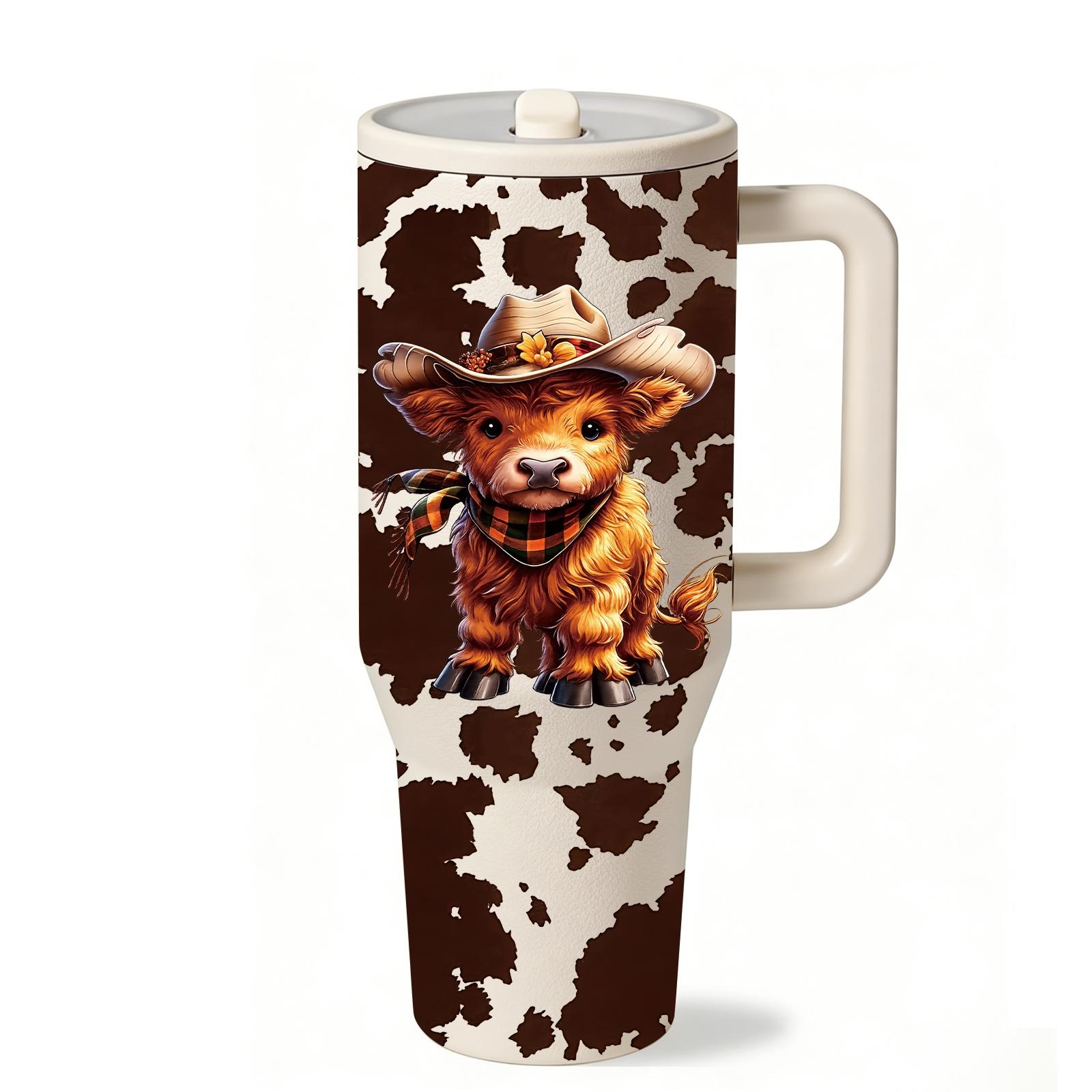 40oz Farm Style Car Travel Mug with Handle, Cute Highland Cow Design, Cow Print Pattern, Large Capacity Tumbler for Hot & Cold Drinks, Fits Car Cup Holder, Leak Resistant Lid, Western Country Gift for Women Men, Road Trip Coffee Cup