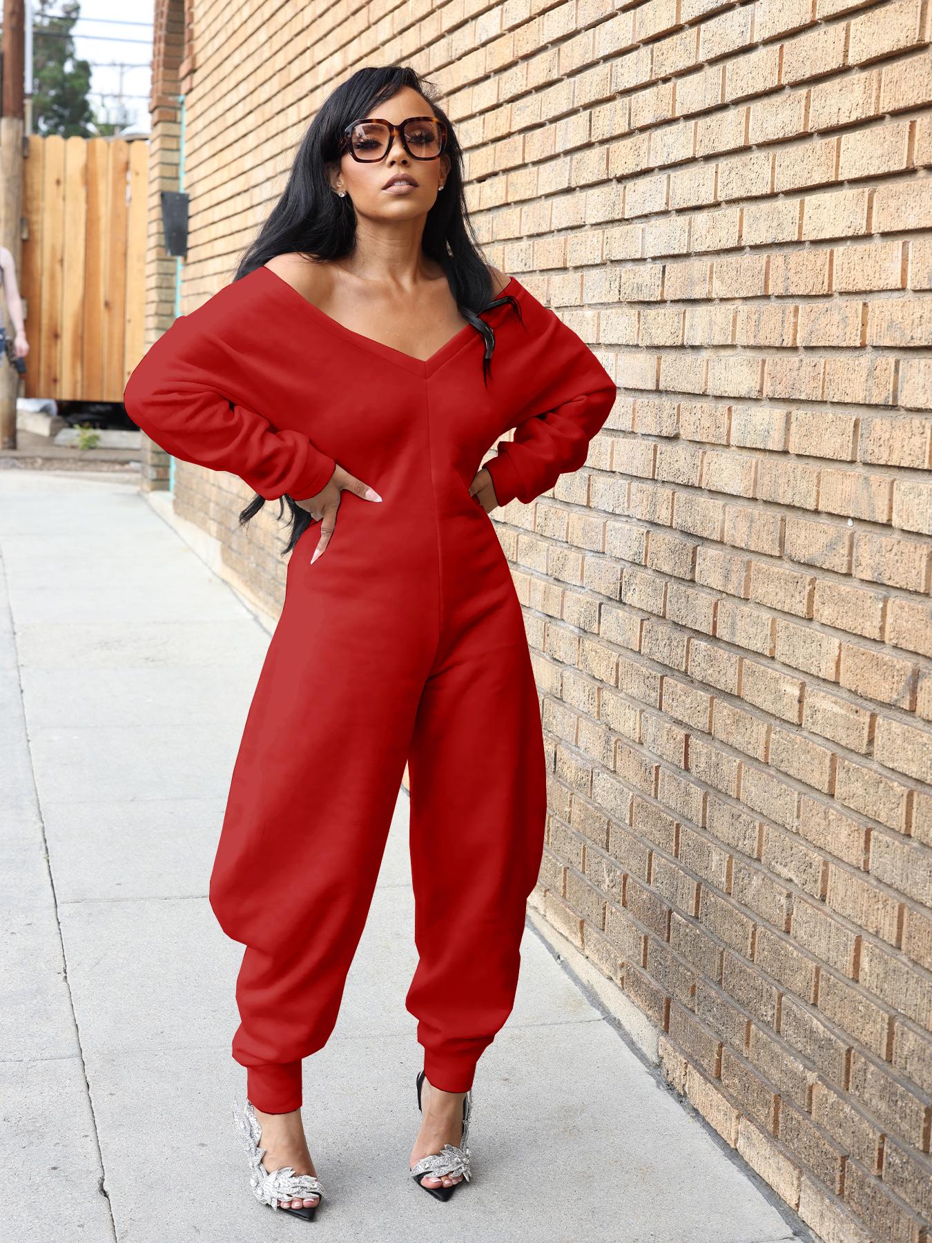 Women's Fall Winter Casual Fitted V Neck Long Sleeve Jumpsuit Womenswear, Plain Pattern, Moderate Fabric Thickness, Perfect for Daily Wear
