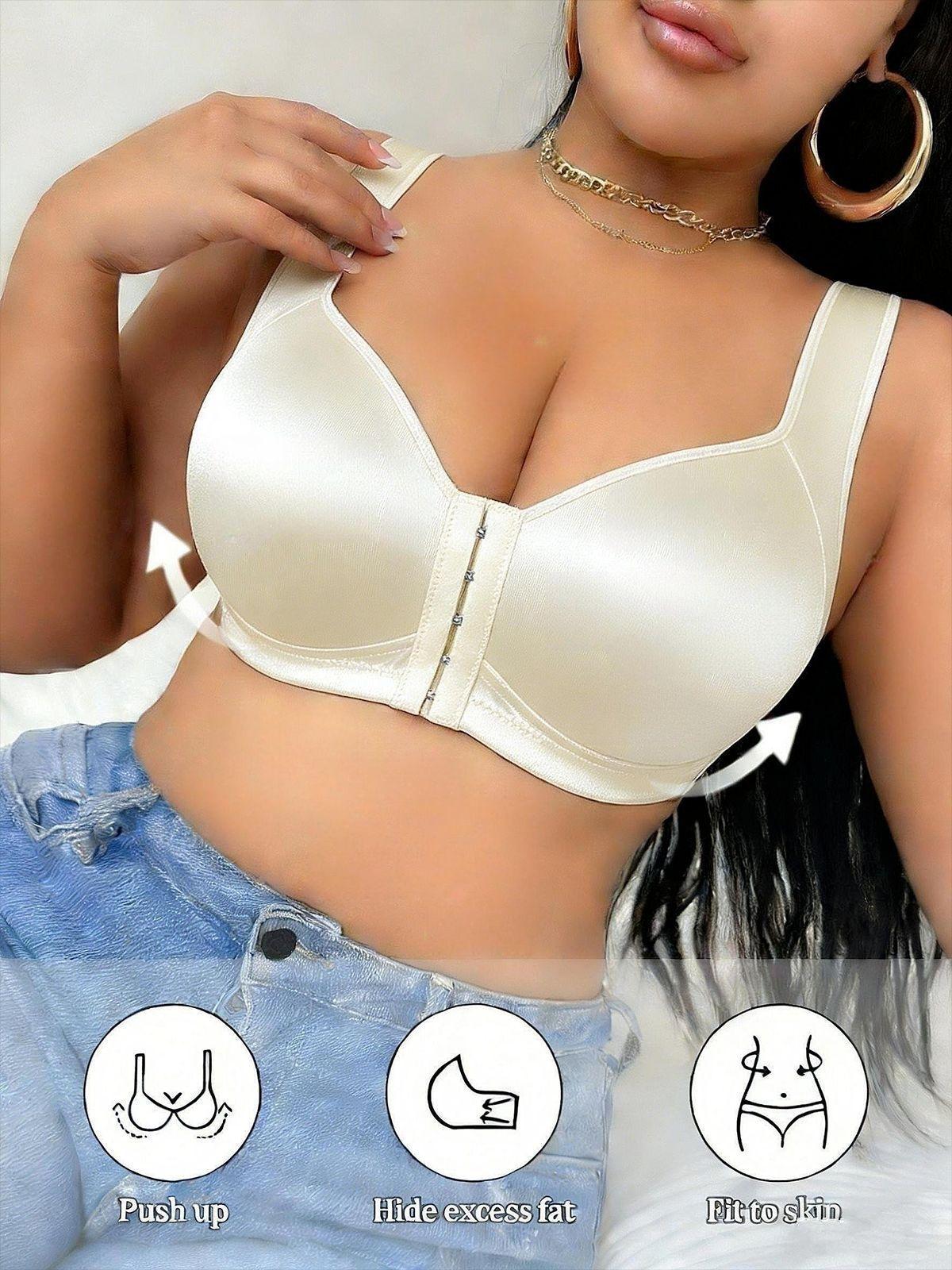 Women's Front Snap Closure Sports Bra, No Underwire Gathered Lift Anti-Sag Plus Size Bras, Smooth Fabric Comfortable Support