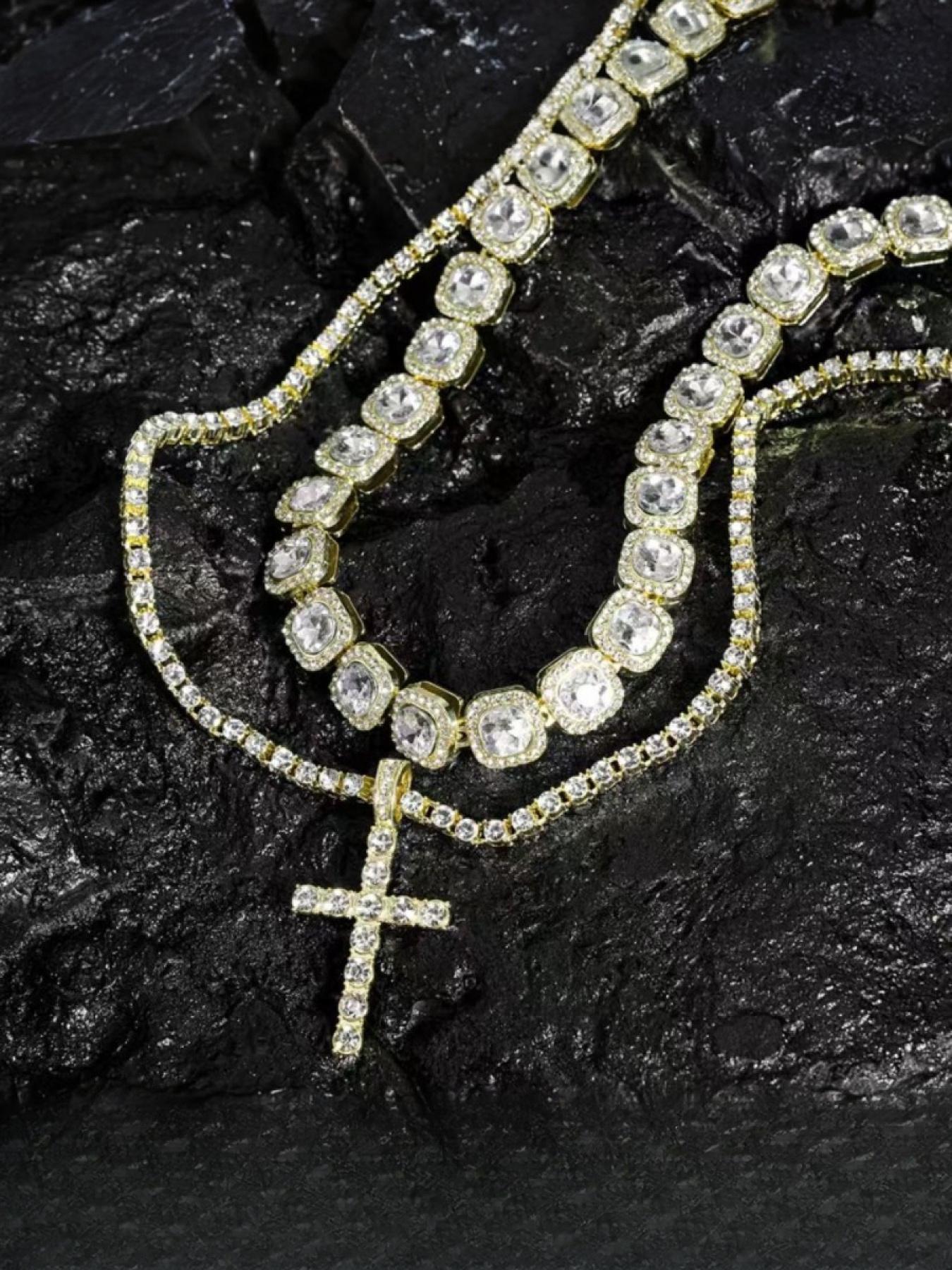 Fashionable and simple cross pendant with square diamond Cuban chain set, moissanite European and American hip-hop style necklace pendant, gold and silver chain necklace, ice diamond tennis festival necklace jewelry set