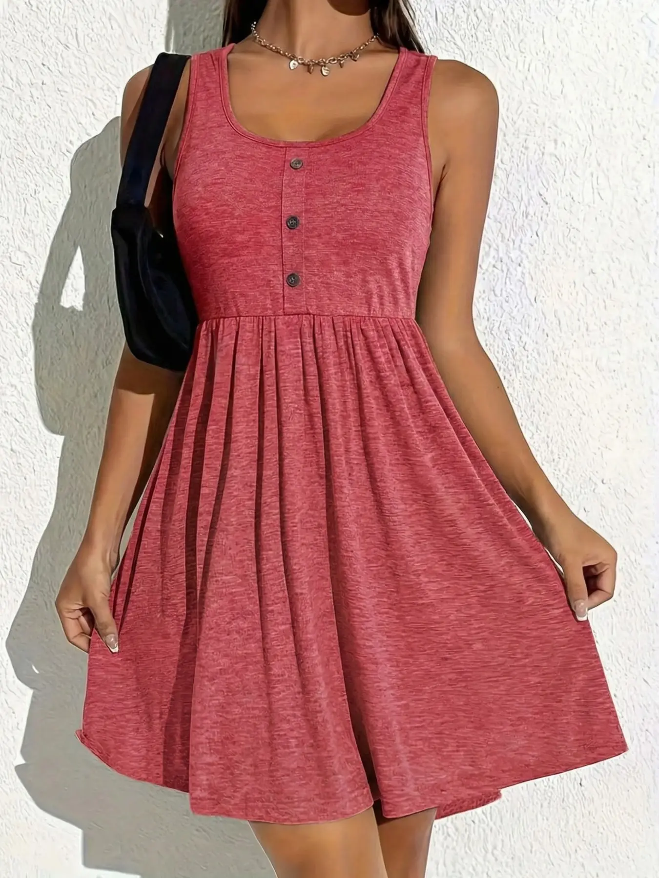 Plus Size Plain Fake Buttons Scoop Neck Fitted Stretchy Jersey Tank Dress, Casual Sleeveless A Line Feminine Aesthetic Dress, Summer Clothes Women, Women's Clothing, Dresses for Women, Women's Clothes for Daily Wear, Plus Size Women's Clothing, Womenswear