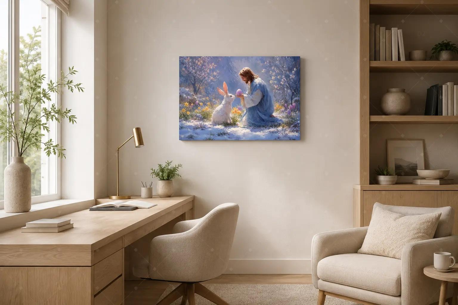 Easter Religious Gentle Scene Oil Painting Canvas Art poster wall decor, Faith Rabbit Easter Wall Decor Living Room Prayer Room Christian Warm Home Decor