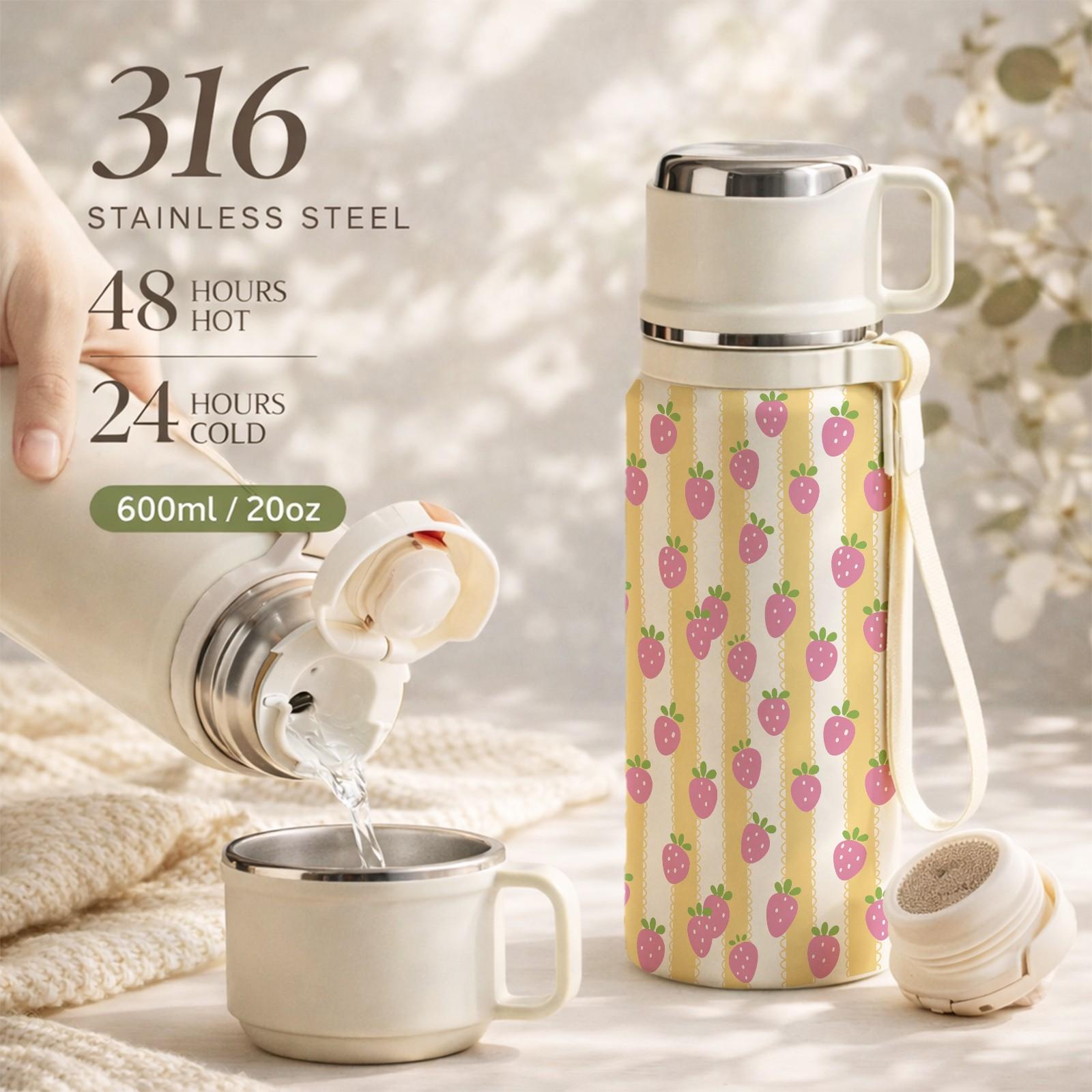 1 Pc Vacuum Mug, 600ml Thermal Mug, Double Wall Insulated Cup, Leak Proof Skinny Tumbler With Handle And Strap, 48 Hours Hot 24 Hours Cold, Portable Travel Mug For Coffee Tea Milk, Gift For Women Men Holiday Daily Use