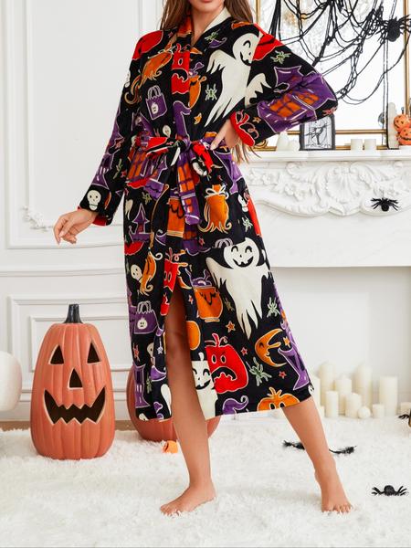 Women's Halloween Castle Witch Picture Pumpkin Monster Ghost Print Glow-in-the-Dark Dressing Gown Thickened Robe Autumn Fleece Warm Loungewear Casual Holiday Pyjamas Women's Halloween Castle Witch Picture Pumpkin Monster Ghost Print Glow-in-the-Dark Dressing Gown Thickened Robe Autumn Fleece Warm Loungewear Casual Holiday Pyjamas