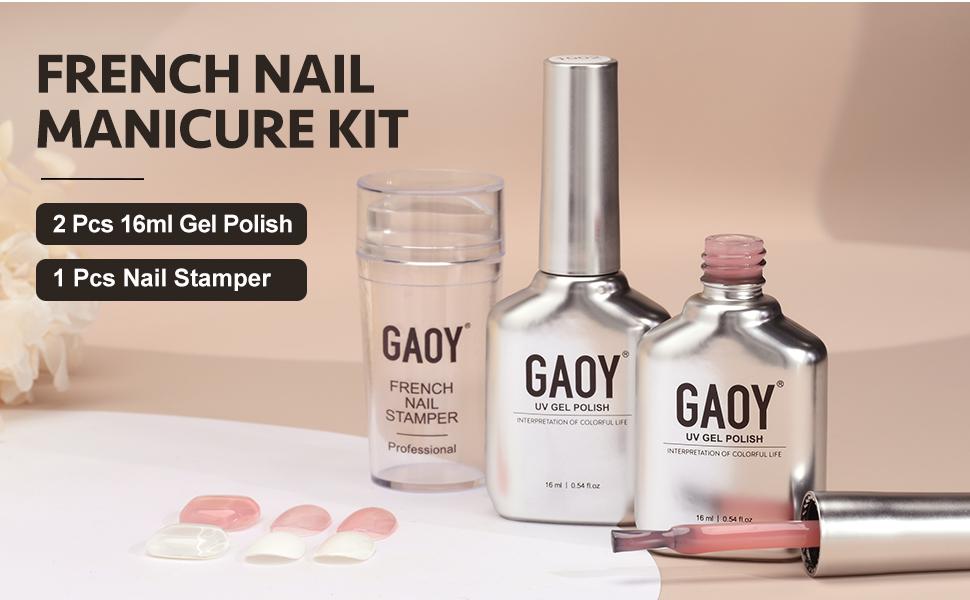 GAOY French Manicure Kit, Nail Stamper, and 2Pcs Gel Nail Polish Include Nude Jelly Pink White Colors for French Tip, UV Light Cure