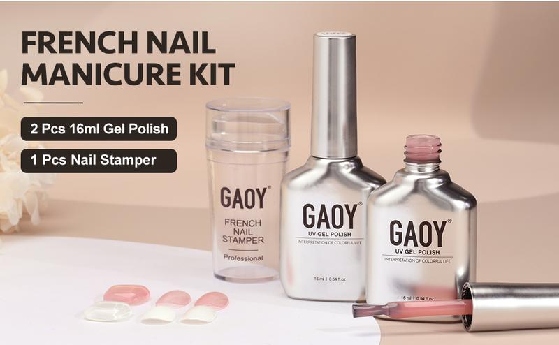 GAOY French Manicure Kit, Nail Stamper, and 2Pcs Gel Nail Polish Include Nude Jelly Pink White Colors for French Tip, UV Light Cure