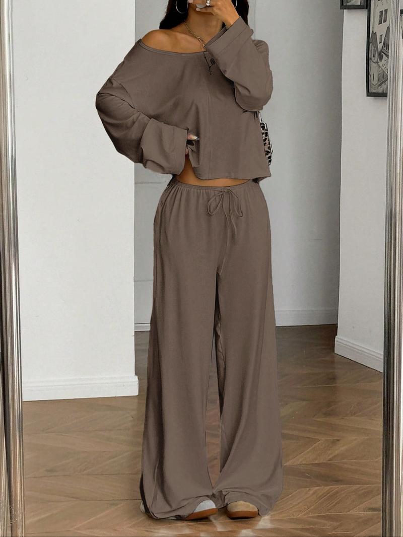 Women's 2 Piece Matching Lounge Set, off the Shoulder Long Sleeve Top, Drawstring Wide Leg Pants, Casual Sweatsuit, All Seasons