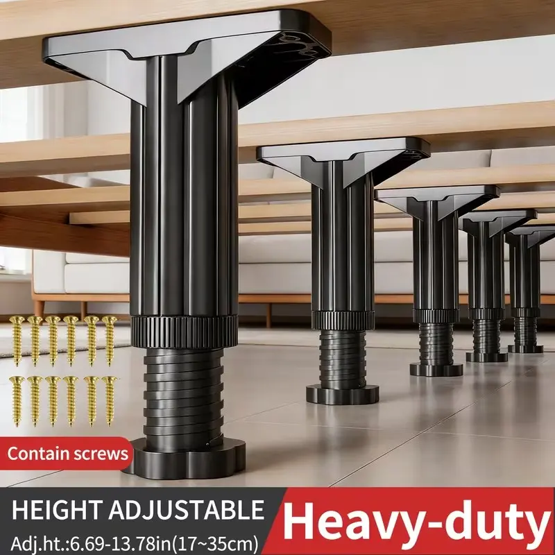 4-Pack Heavy-Duty Adjustable Bed Support Legs - Black Plastic Furniture Feet with Metal Accents & Screws, Reinforced Center Bar for Stability | Easy Install Replacement Parts for Bed Frames, Cabinets & Shelves | Durable & Universal Fit