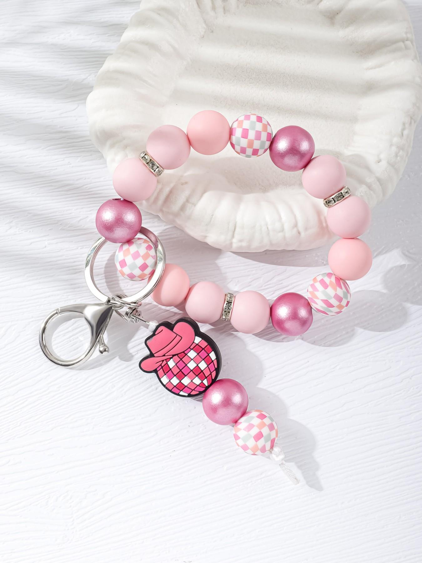 Cowboy Hat Disco Ball Beaded Keychain, Bow Checkered Silicone Wristlet, Y2K Style Bag Charm, Handmade Anti-Lost Keychain