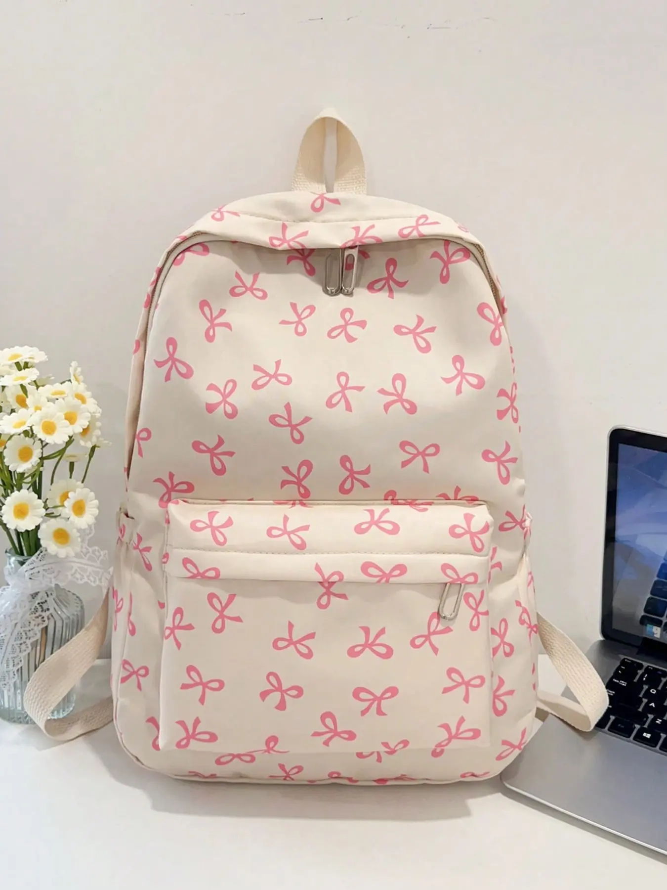 Cute Bow Print Backpack, Waterproof Durable Nylon, Multi-Compartment Large Capacity, Fresh Girl Style, Student Bag, Backpacks for School, Casual Travel Laptop Backpack