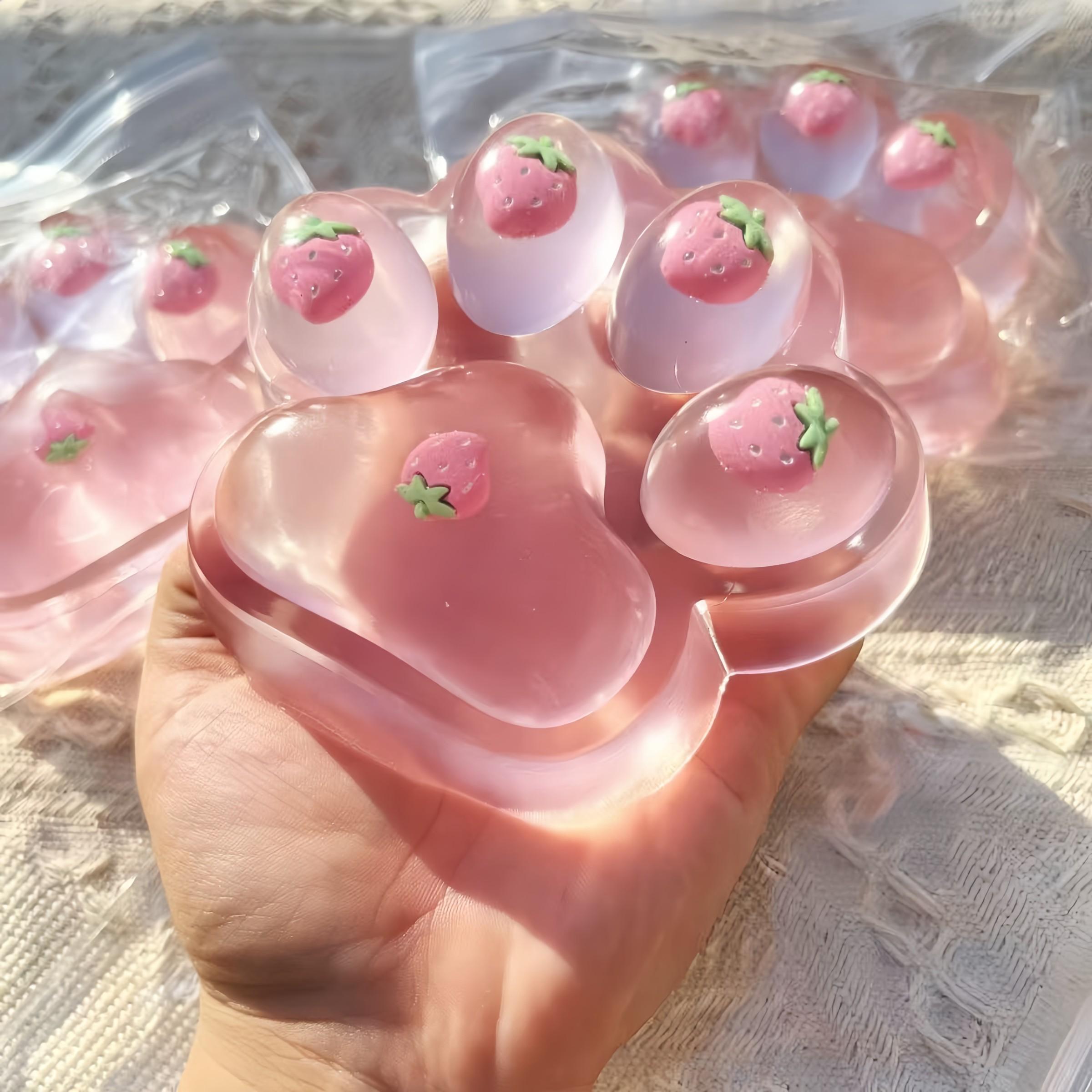 Cute Cat Paw Stress Relief Toy, Transparent Glitter Strawberry Finger Toy, Soft Slow Rebound Squeeze Toy, Anxiety Relief, Birthday Gift, Party Favor, Desk Decor