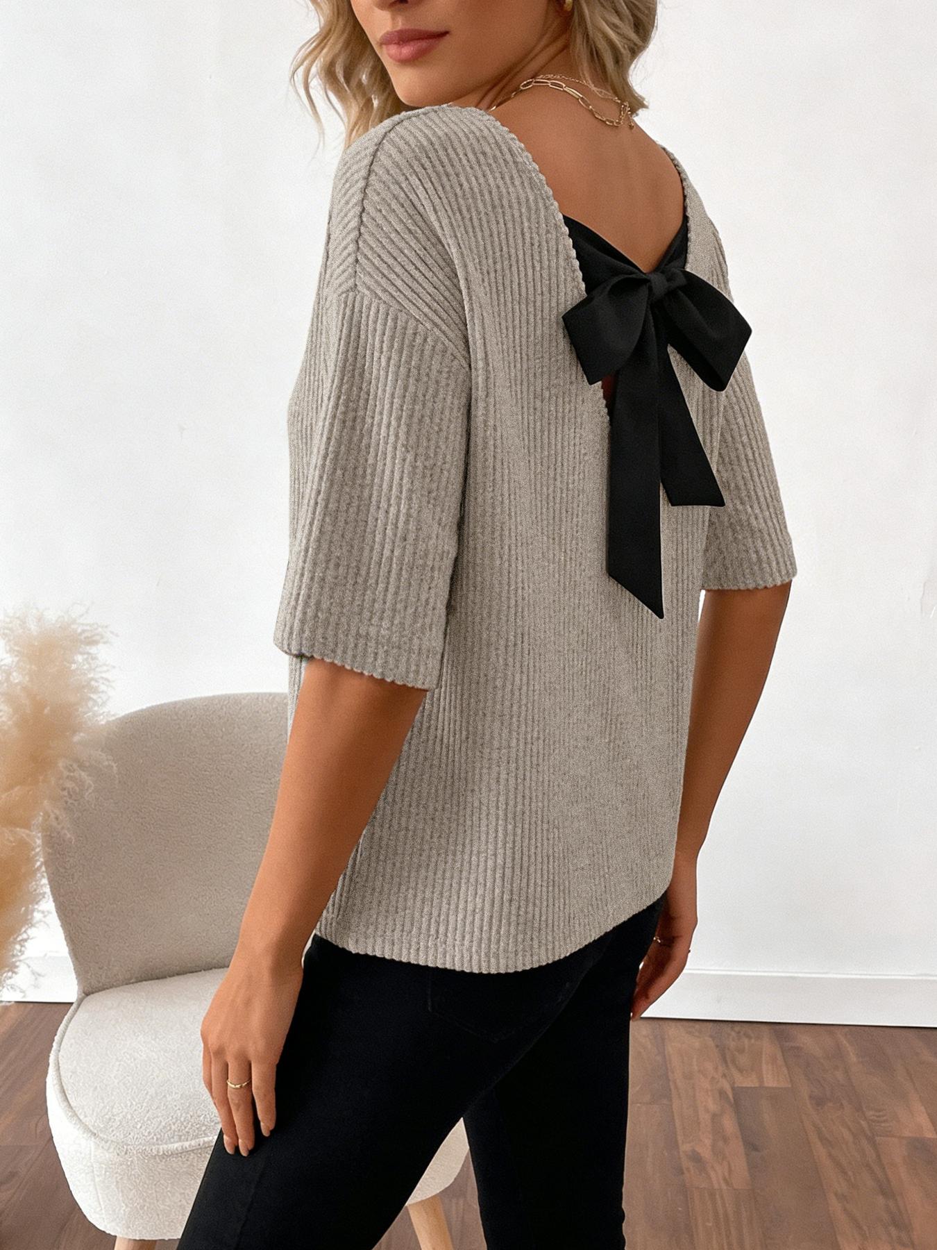 Women's 1pc Ribbed V-Neck Short-Sleeve Blouse , Soft Elastic Stretchy Knitted Knit Fabric & Adjustable Back Bow Tie Detail & Relaxed Oversized Silhouette & Curved Hem Design (Minimalist Casual Chic Style) Tops Womenswear