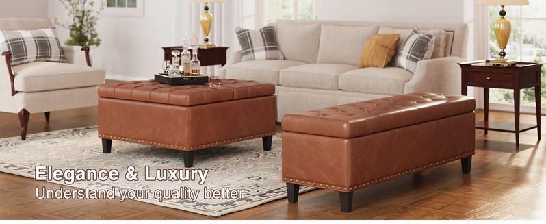 Vabches Tufted Square Ottoman Coffee Table with Storage, Leather Upholstered Cube Storage Ottoman, Oversized Footrest Stool Toy Box Storage for Livingroom Bedroom