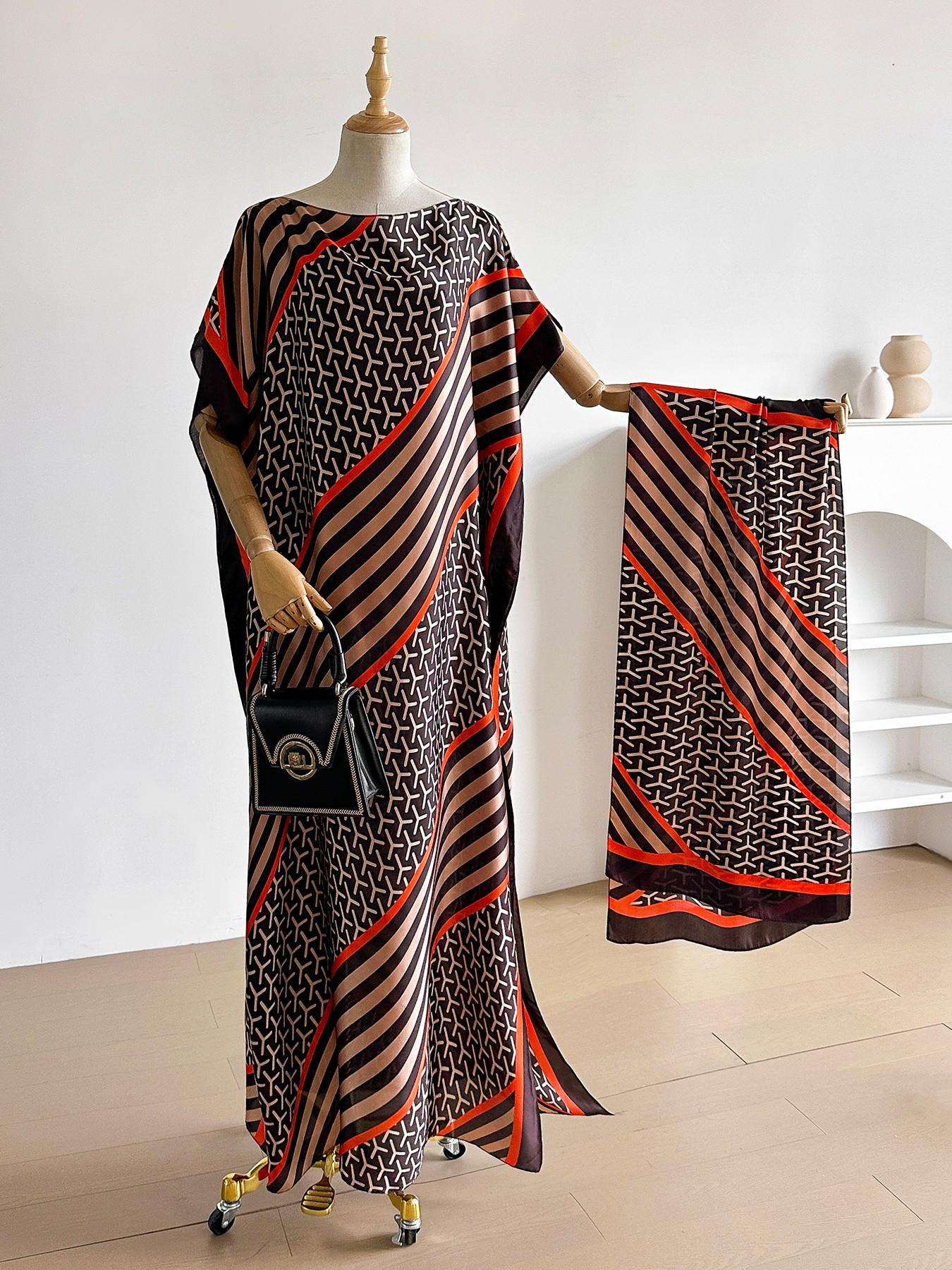 Women's Colorblock Print Long Scarf & Poncho Set, Casual Soft Comfortable Shawl for Beach Vacation, Fashion Accessories for Women & Girls