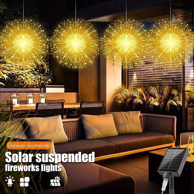 Smart Solar Hanging Firework Lights, 5-Piece Set, 8 Modes with Remote Control, Copper Wire Lanterns, Garden Decor, Celebrations, Weddings