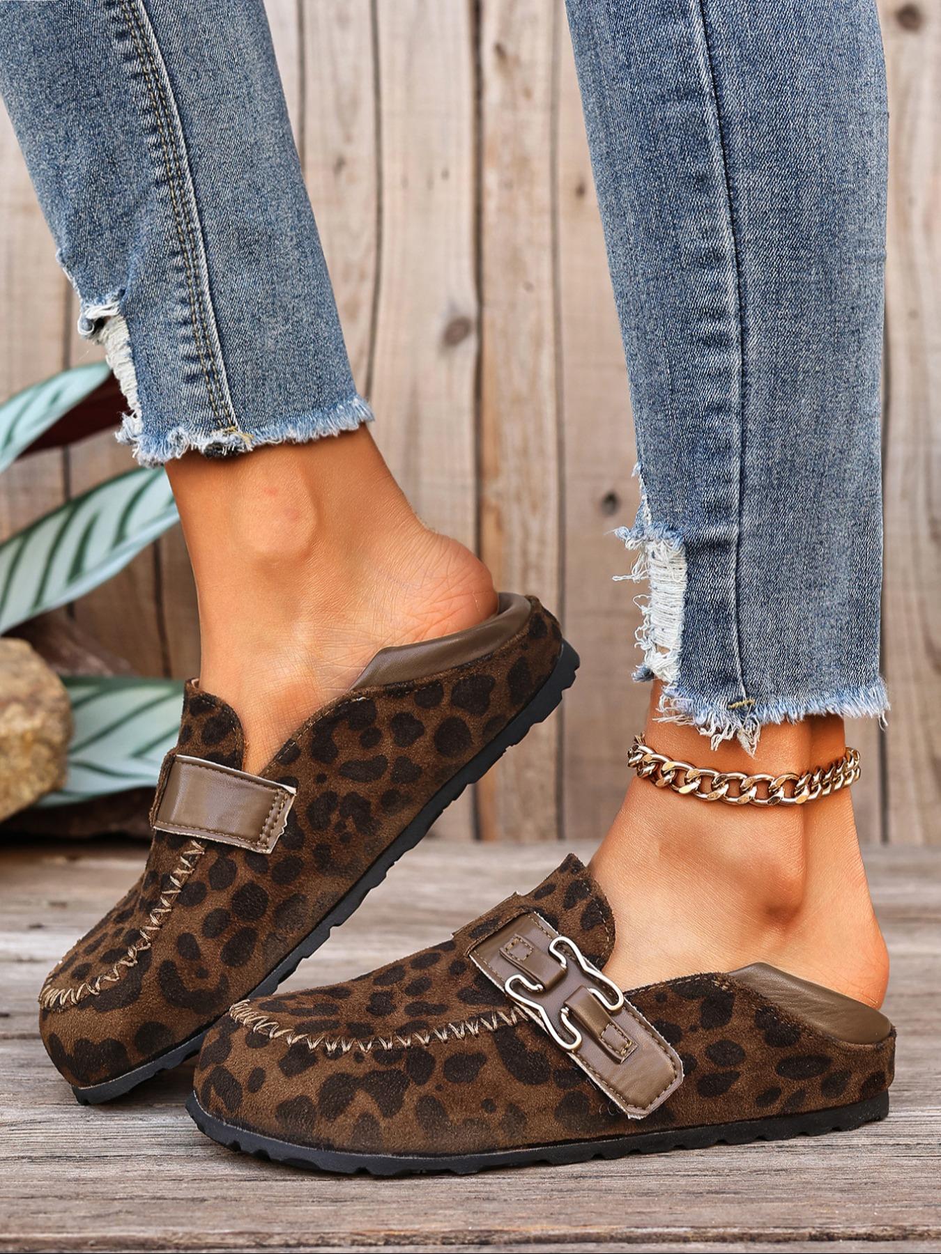 Women's Leopard Print Suede Mule Slippers, Metal Buckle Thick Sole, Retro Casual Half Slipper, Comfortable All Season Shoes