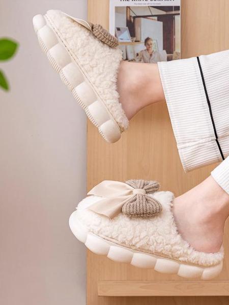 Women's Bow Slipper Shoes, House Slippers, Comfortable Warm Lining, Non-Slip Thick Sole Design, Suitable for Fall & Winter Indoor Home Office Use