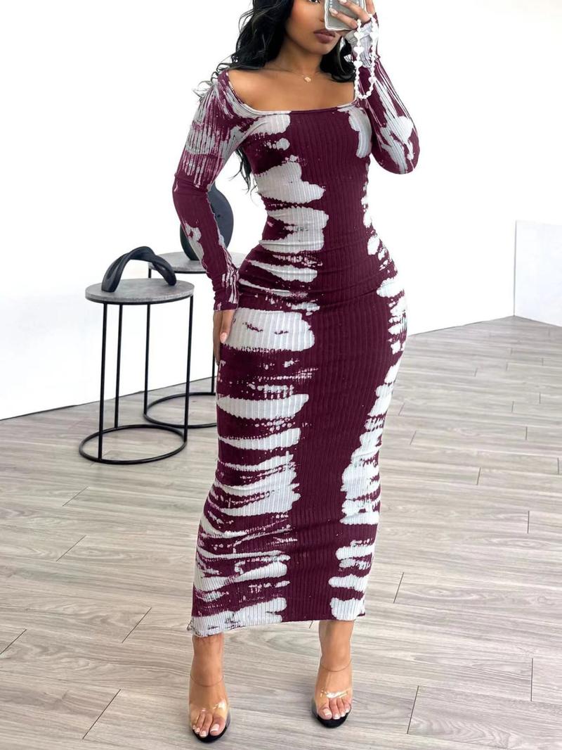 Women's U-Neck Dress Spring New Corduroy Print Back Long Skirt, Fashion Sexy Elegant Casual Medium-Length Dress for Autumn Winter