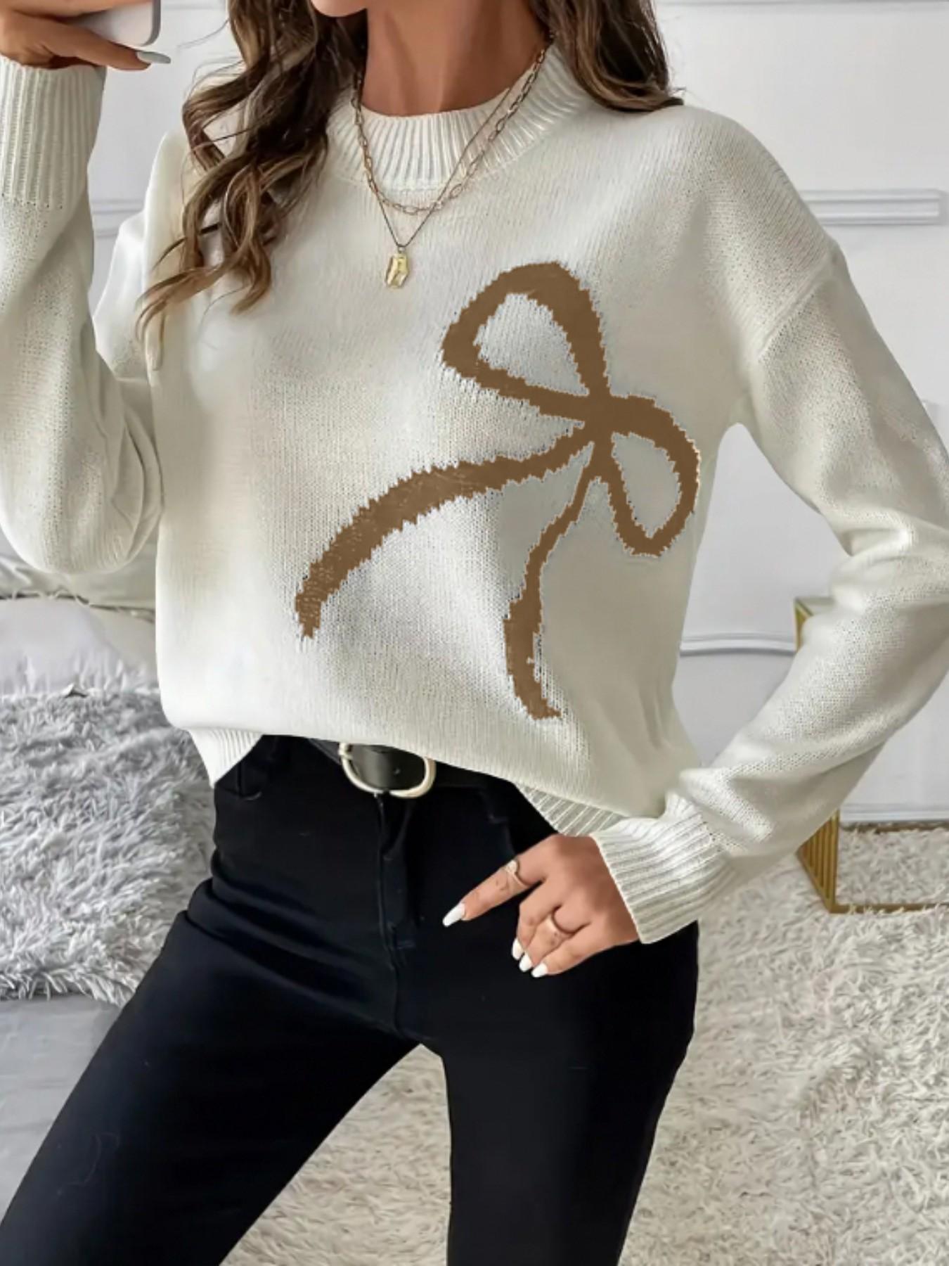 Women Bow Pattern Crew Neck Knit Sweater, Long Sleeve Loose Drop Shoulder Cropped Pullover, Coquette Aesthetic Fall Casual Tops