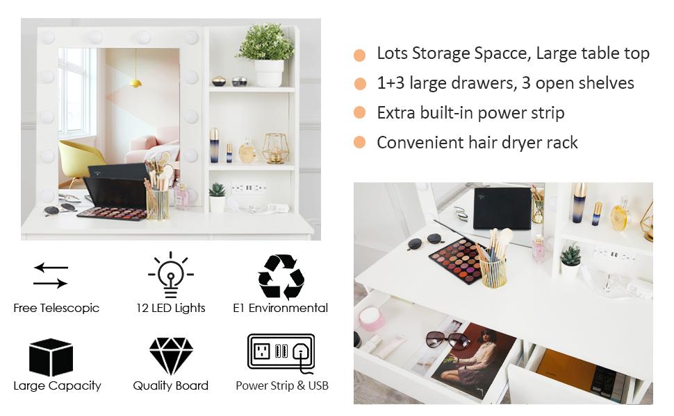 Vabches Makeup Vanity with Lights, 37inch Vanity Desk with Power Strip, 4 Drawers Makeup Table with Lighted Mirror, 3 Lighting Colors, White