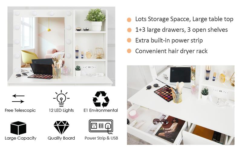 Vabches Makeup Vanity with Lights, 37inch Vanity Desk with Power Strip, 4 Drawers Makeup Table with Lighted Mirror, 3 Lighting Colors, White